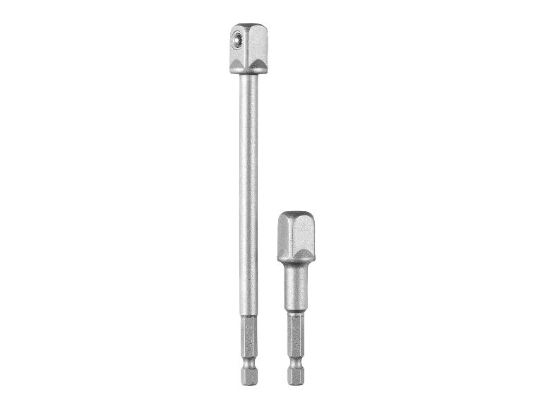 Zwei metallene Schraubendreher-Bita-Adapter.
