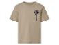 Beiges T-Shirt mit dunklem Palmenaufdruck auf der Brust.