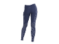 Dunkelblaue Damen-Sportleggings mit hellgrauen vertikalen Streifen und dezentem Logo.