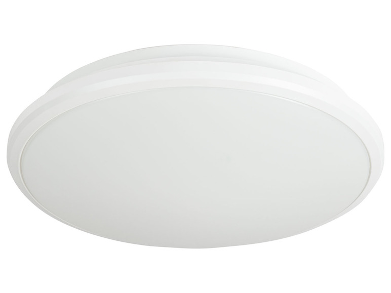 Eine weiße runde Deckenleuchte mit mattem Glasschirm.