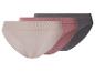 Drei Damen-Slips in Beige, Rosa und Grau, hintereinander angeordnet.
