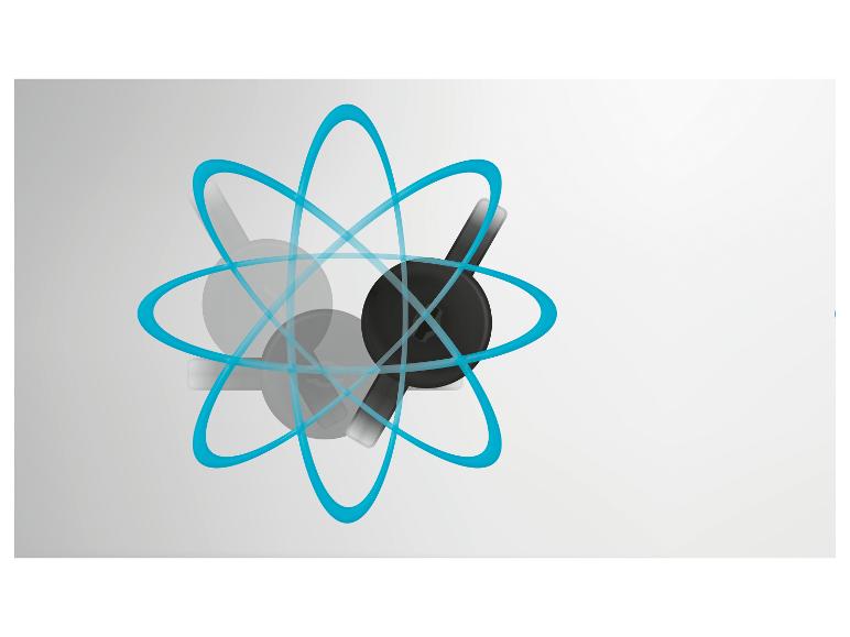 Abstraktes Bild mit blauen Umlaufbahnen und schwarzen, grauen Formen, die Atomen ähneln.