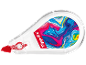 Transparenter Korrekturroller mit farbigem, abstraktem Design und roter Schrift.