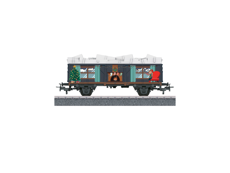Weihnachtlicher Eisenbahnwaggon, dekoriert mit Baum, Kamin und Kind, das aus dem Fenster schaut.