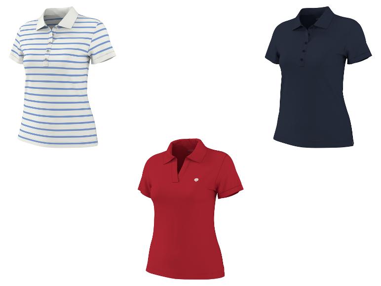 Drei Damen-Poloshirts: eines gestreift, eines marineblau und eines rot.