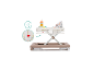 Beiger Babywalker mit verstellbarer Höhe und Spielzeug.