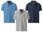 Drei Poloshirts von Livery in den Farben hellblau, grau und dunkelblau.