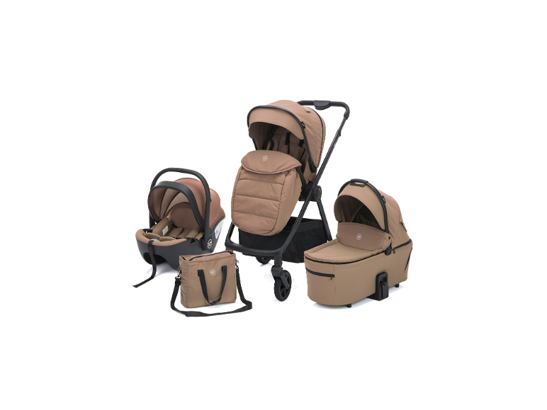 Beiges modulares Kinderwagenset mit Autositz, Babywanne und Wickeltasche.