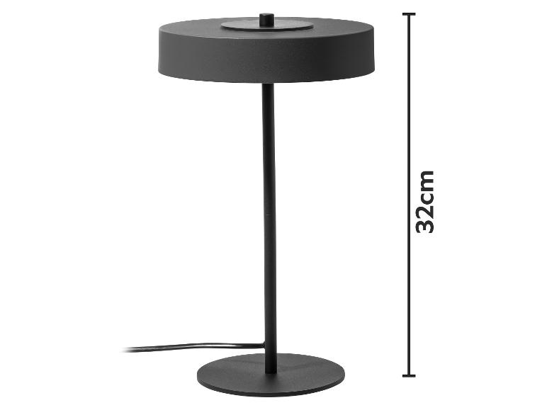 Eine dunkelgraue Tischleuchte mit rundem Fuß und zylindrischem Schirm, 32 cm hoch.