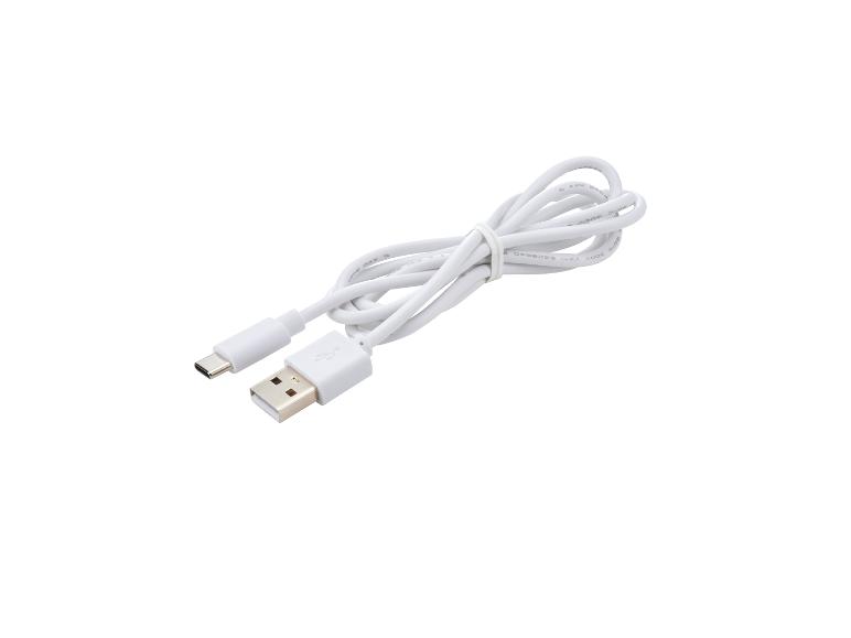 Weißes USB-A zu USB-C Ladekabel, aufgerollt und mit einem Kabelbinder gesichert