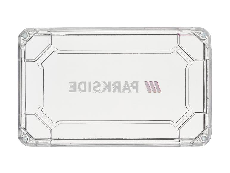 Transparente Parkside-Box mit dem Markenlogo, auf weißem Hintergrund.