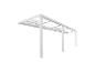 Weiße Metallpergola mit lichtdurchlässigem Dach, aus niedriger Perspektive.