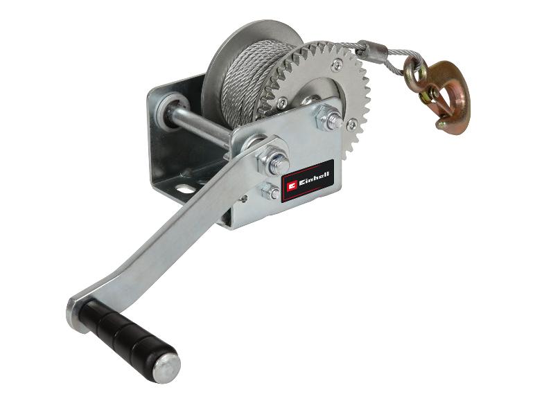 Handseilwinde mit Stahlseil und Haken, ideal zum Ziehen schwerer Lasten.