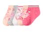 Fünf Paar Kindersocken mit Schweinchen- und Blumenmotiven in Rosa, Grau und Weiß.