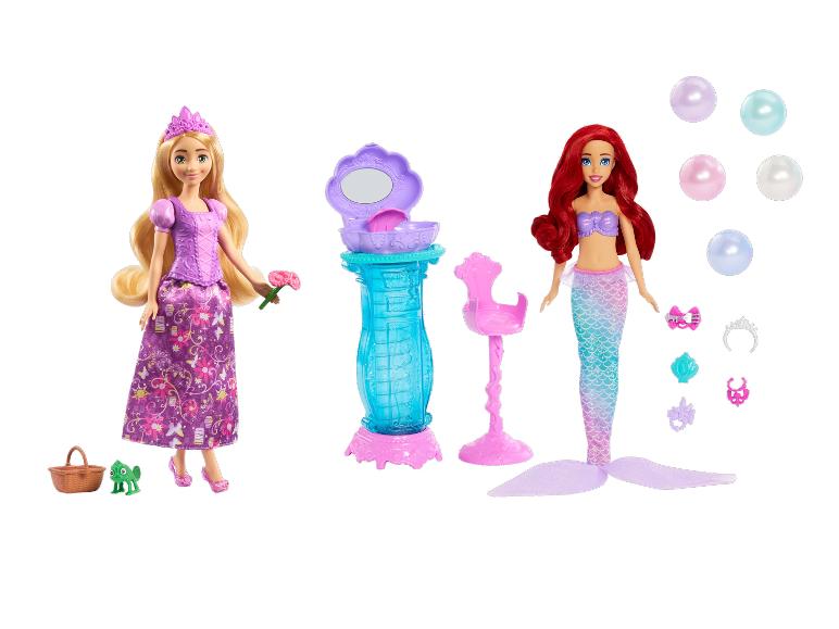 Prinzessinnen-Puppenset mit Rapunzel- und Arielle-Puppen, Schminktisch, Stuhl und Zubehör.