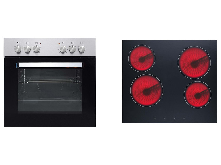 Ein Backofen in Silber und eine schwarze Glaskeramikkochfläche mit vier roten Kochzonen.