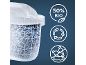 Wasserfilter mit blauen und schwarzen Granulaten, mit 50% Bio-, Recycling- und Plastikfrei-Symbolen.