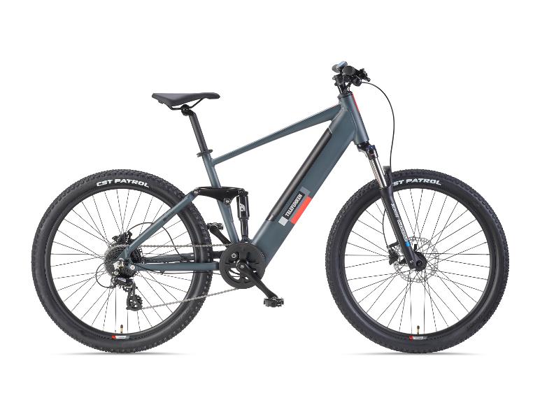 Graues vollgefedertes E-Mountainbike mit schwarzen Reifen und roten Akzenten.