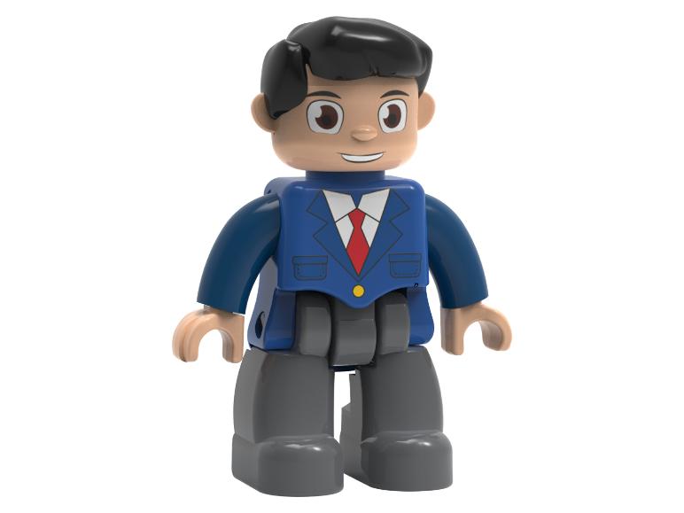 Eine LEGO-Figur eines Mannes in einem blauen Anzug mit Krawatte.