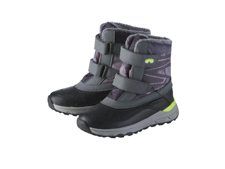 Kinder-Winterstiefel, grau und schwarz, mit neongrünen Akzenten.