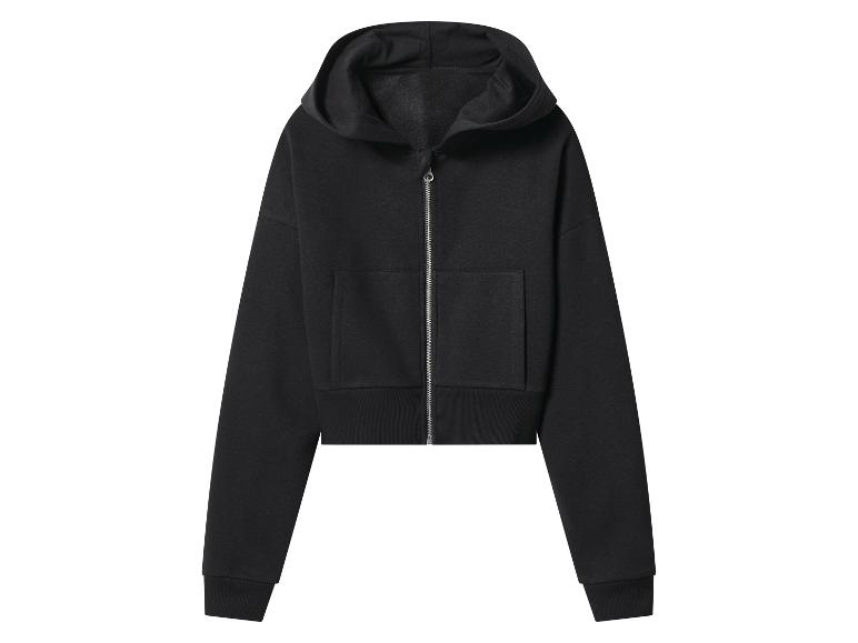 Schwarzer Damen-Kapuzenpullover mit Reißverschluss und Taschen.