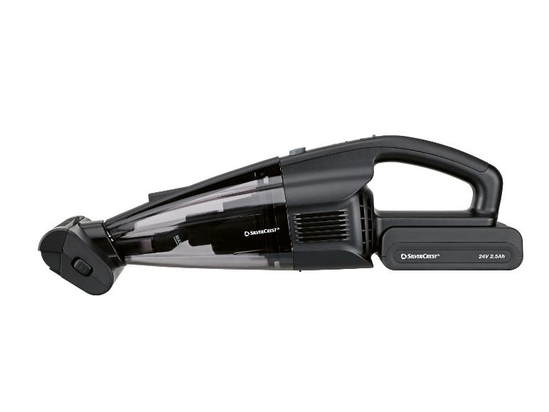 Schwarzer kabelloser Handstaubsauger mit transparentem Behälter und 24V 2.5Ah Akku.