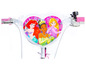 Ein weißes Fahrrad mit rosafarbenen Griffen und einem herzförmigen Bild von Ariel, Tiana und Rapunzel von Disney.