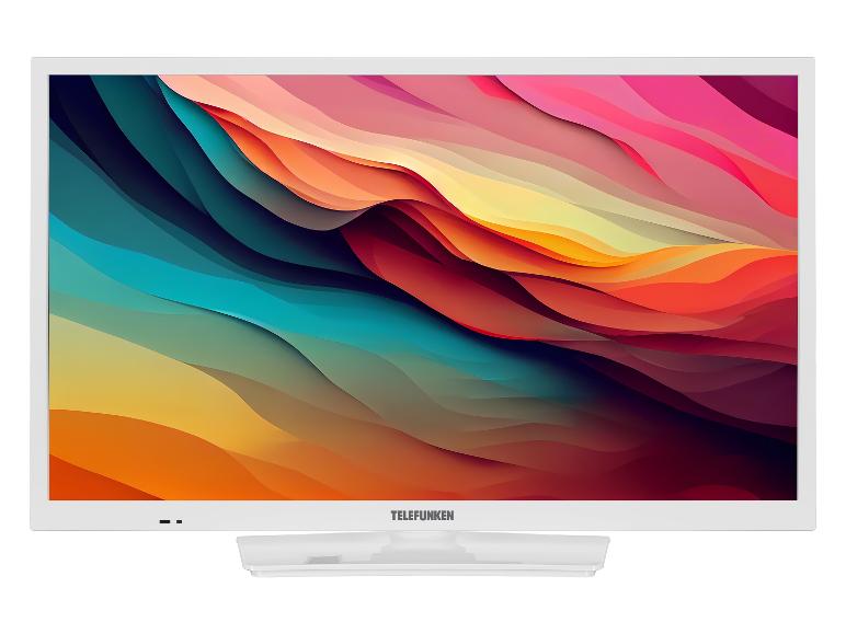 Weißer Telefunken Fernseher mit farbigem Display.