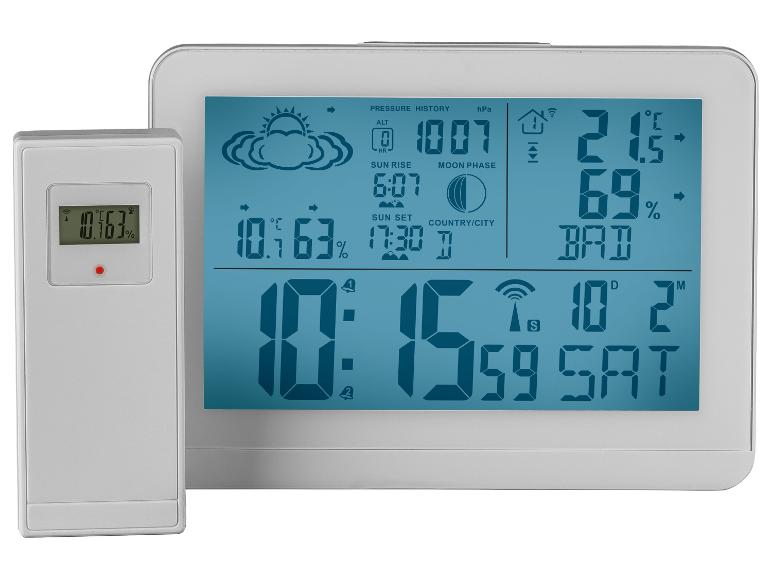 Digitale Wetterstation mit Funksensor, zeigt Uhrzeit, Datum, Temperatur und Luftfeuchtigkeit an.