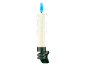 Dekorative LED-Kerze mit blauer Flamme und grünem Befestigungsclip.
