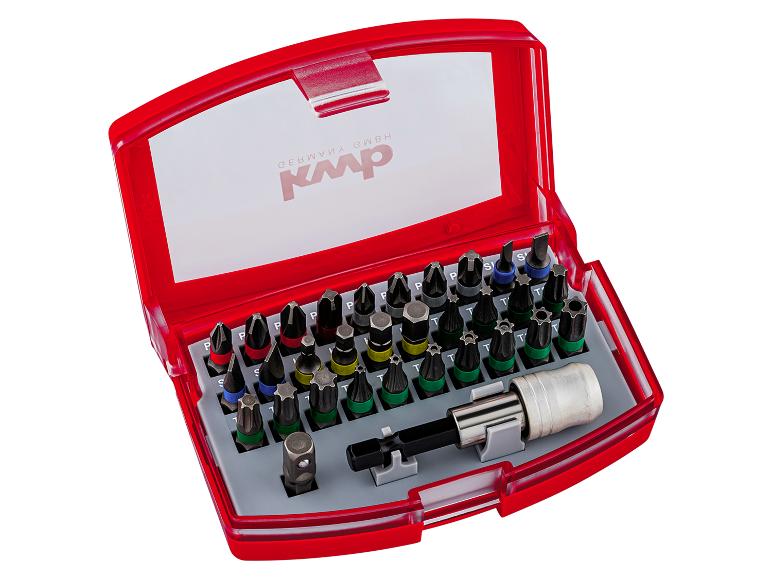 Rote Box mit verschiedenen Schraubendreher-Bits und einem Bithalter, beschriftet mit „KMP“.