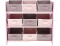 Rosa Regal mit neun grauen und rosa Stoffboxen für Spielzeug oder Kleidung.