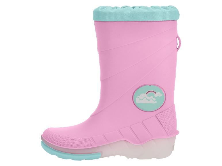 Rosa Kindergummistiefel mit türkisfarbenem Futter und Regenbogen-Wolken-Dekor