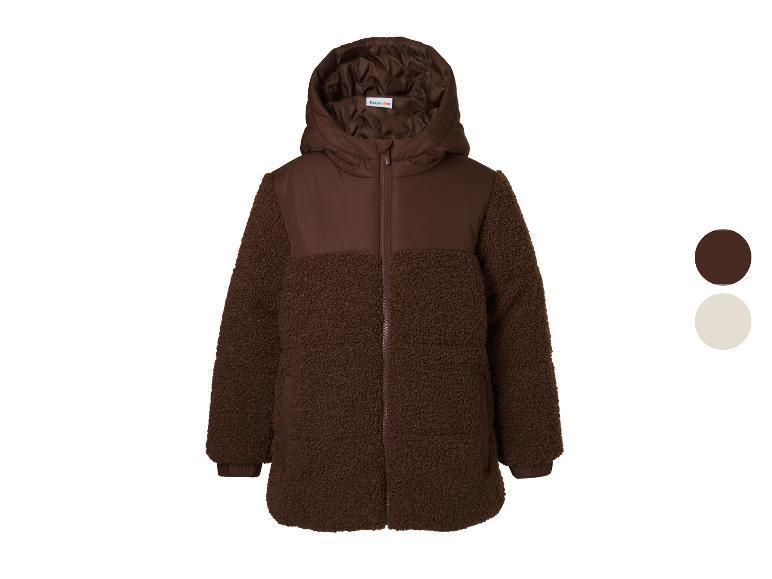 Braune Kinderjacke mit Kapuze, mit Plüschtextur und glatten Einsätzen