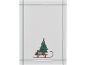 Weißes Geschirrtuch im Weihnachtsthema mit grünem Rand, das einen Weihnachtsbaum auf einem Schlitten mit Geschenken zeigt.