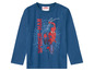 Ein blaues Spiderman Langarmshirt mit einem Spiderman-Motiv in einem Netz.
