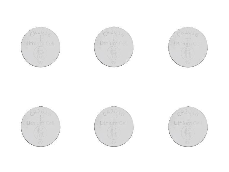 Sechs runde CR2016 Lithium-Batterien.