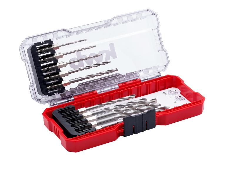 Bohrer- und Bit-Set in einer offenen, rot-transparenten Box.