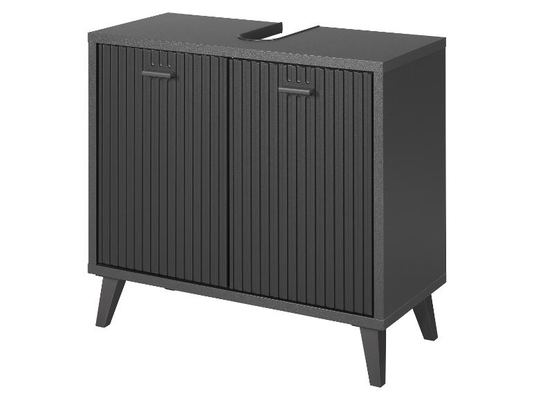 Dunkelgrauer Badezimmerschrank mit zwei Türen und Stielbeinen.