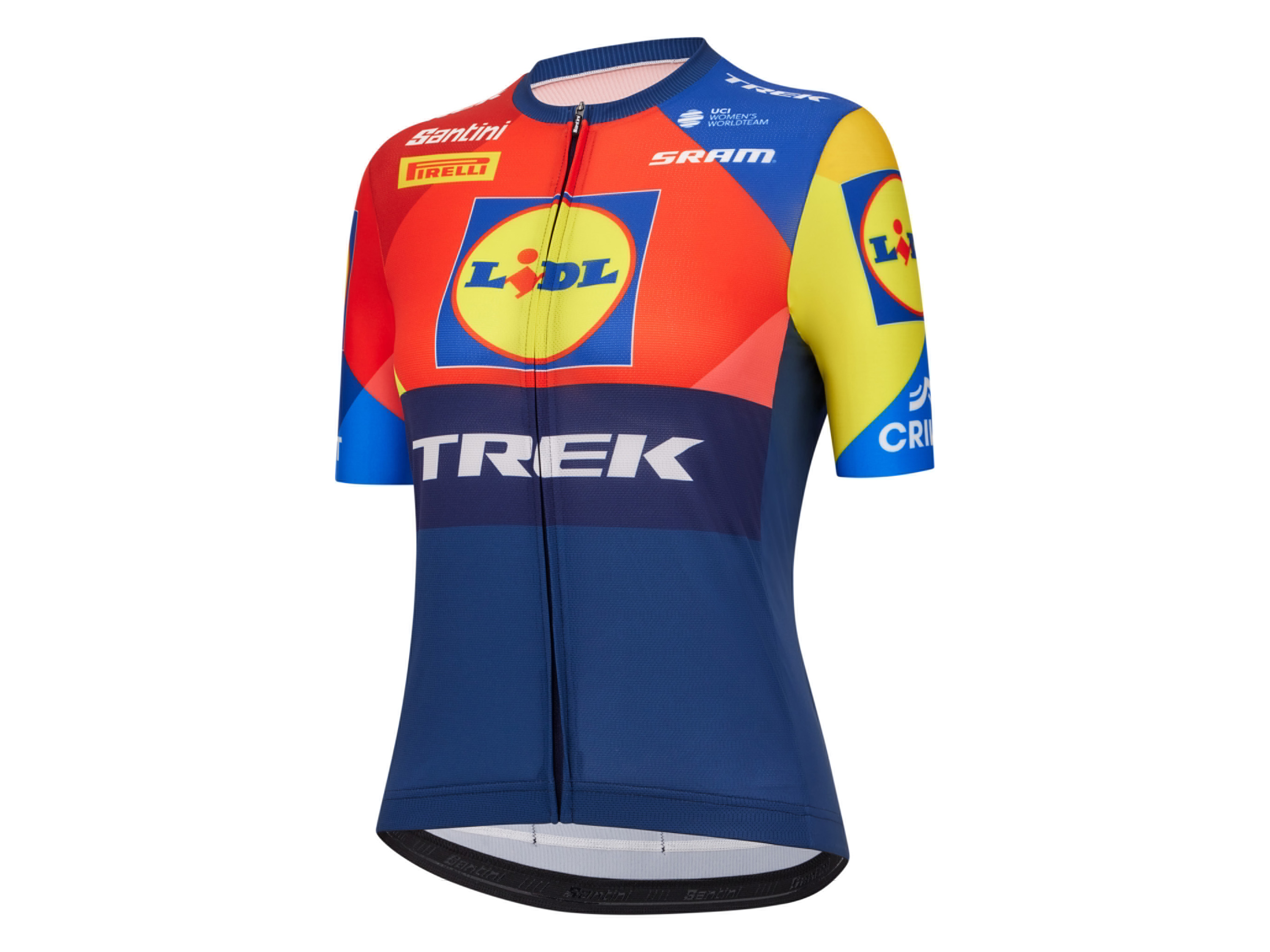 Santini Team Lidl-Trek Kurzarmtrikot (XL)““ | roh geschnittenen Ärmeln Strapazierfähiger Silikongriff um den Stretchbund Produktmerkmale tabletd Farbe: blau/rot/gelb Muster: – Detail: mit Reißverschluss