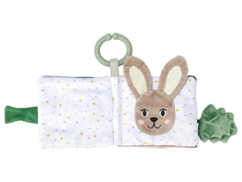 Weiches Baby-Aktivitätsbuch mit Hasengesicht, Tupfenmuster und grünem Beißring.