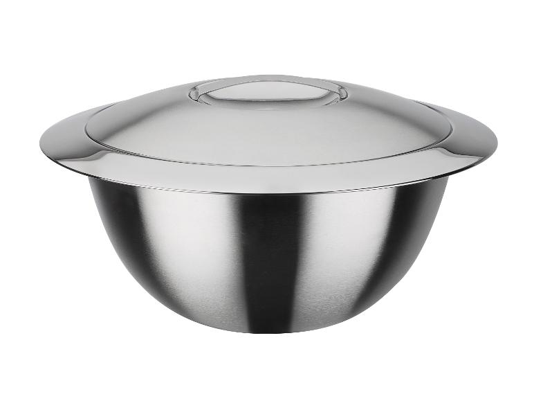 Eine runde Edelstahlschüssel mit Deckel.