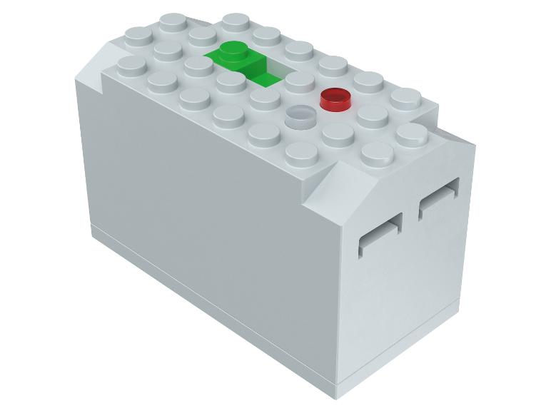 Grauer LEGO-Stein mit einem grünen und einem roten Knopf.