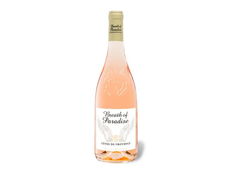 Rosafarbene Roséweinflasche mit Etikett „Breath of Paradise CÔTES DE PROVENCE“ und Flügelmotiv.