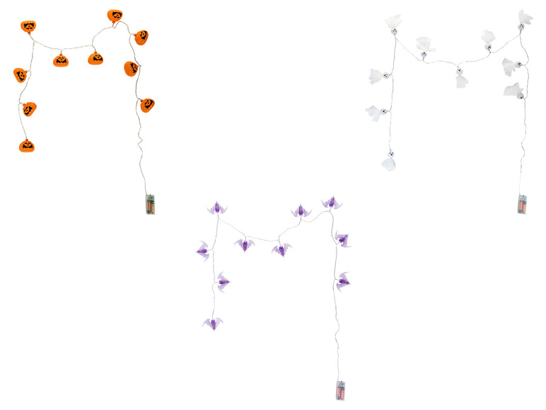 Halloween-Lichterketten mit Kürbissen, Geistern und Fledermäusen.