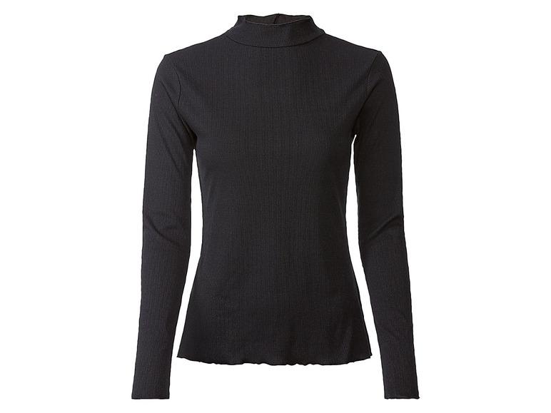 Schwarzes Langarmshirt aus Rippstrick mit hohem Kragen.