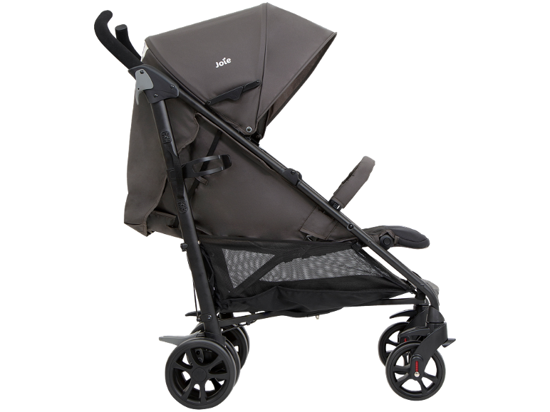 Joie dunkelgrauer Kinderwagen mit schwarzem Gestell und Rädern.