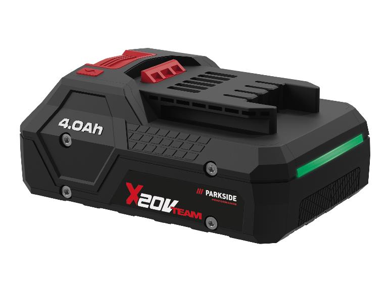 Parkside X 20V Team 4.0Ah Akku mit roten und grünen Details.