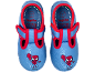 Blaue Kinderhausschuhe mit Superheldenmotiv und „Lupilu Marvel“-Schriftzug.