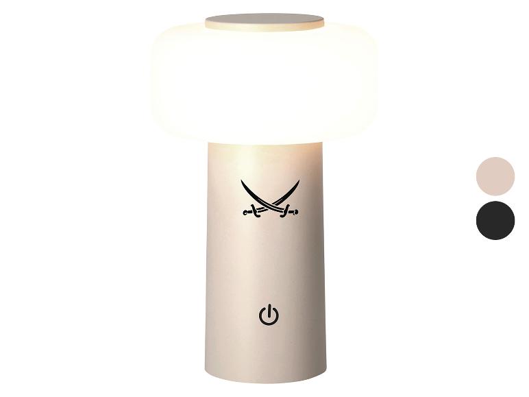 Weiße Tischlampe mit Schwertern und Power-Knopf, erhältlich in Beige und Schwarz.